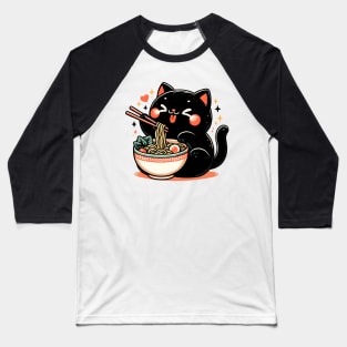 Kawai Cat Eating Ramen Baseball T-Shirt